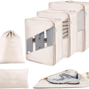 YEEYAA 6 Set Packing Cubes, Travel Organizer Bags for Suitcase, Luggage, Waterproof Travel Bags for Carry on, Travel Essential with Laundry Bag, Shoe Bag, Storage Clothes Bag for Women & Men
