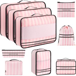 Ougrand 9 Set Packing Cubes Luggage Packing Organizers for Travel Accessories Space Saving Travel Bags for Carry On, Lightweight Mesh Zipper, Clothes, Shoes and Laundry Bag, Suitcases (Pink Streak)